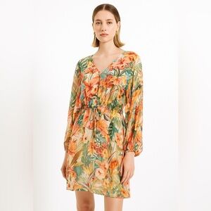 Momoni Floral V-Neck Tropical Dress with Long Sleeves Size 4